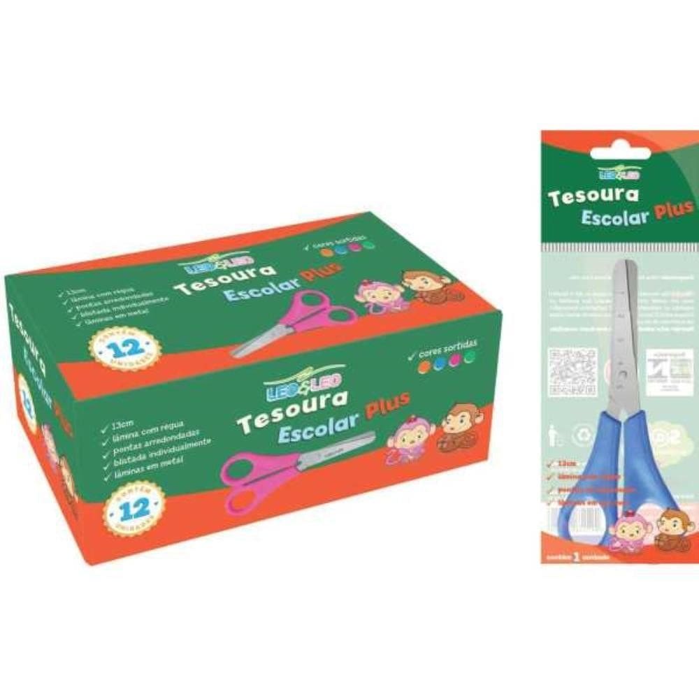 Tesoura Escolar diversas 13cm 12 unid - Leonora
