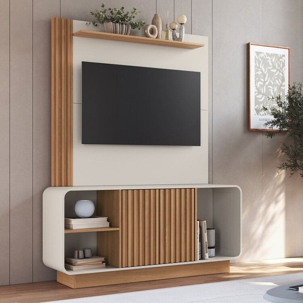 Rack com Painel para Tv 55 Polegadas Ripado Alabama / Texas Freijó/Off White