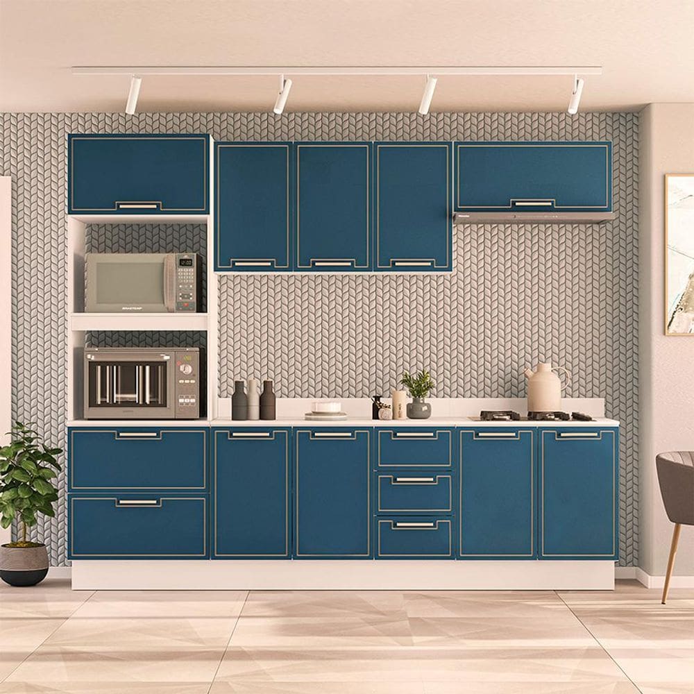 Cozinha Completa com Tampo e Rodapé Amara 10 Portas 4 Gavetas Azul e Branca