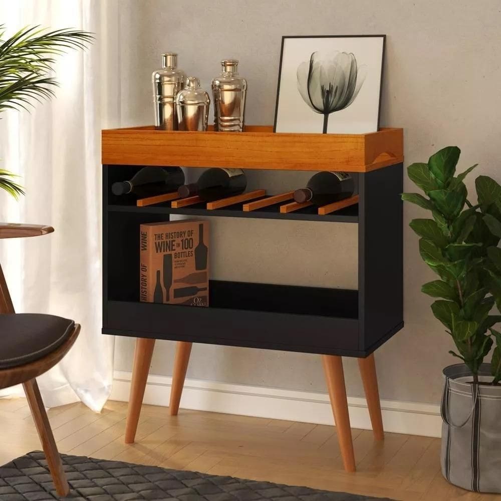 Aparador Café Shot Pés em Madeira Pinus Preto/Caramelo