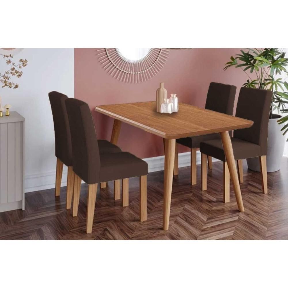 Conjunto: Mesa de Cozinha Adele Tampo Madeirado 130x80cm e 4 Cadeiras Maia Carvalho/Cinamomo - Nature/Suede Mascavo Chocolate - Cimol