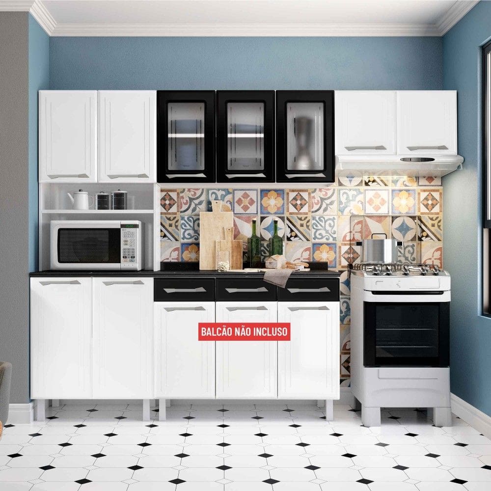 Armário de Cozinha de Aço Telasul Topázio C/ Vidro 3 Peças Branco/Preto - Telasul