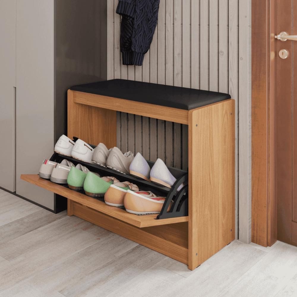 Banco Sapateira Harmonia Madeira Acento Almofadado Corino Preto