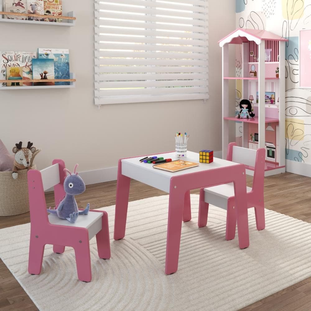 Conjunto de Mesa Infantil com 2 cadeiras MDF Helena Branco Rosa