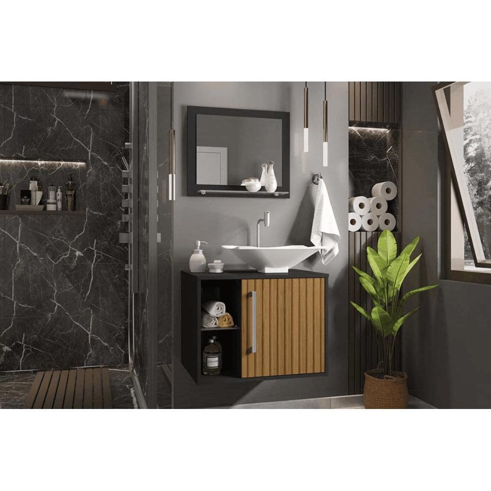 Conj Gabinete e Espelheira Bremen p/ Banheiro Preto/Ripado