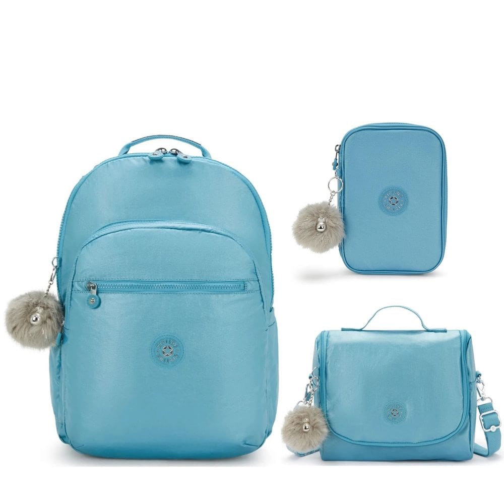 Kipling Mochila Seoul XL + Lancheira + Estojo Azul Metalico