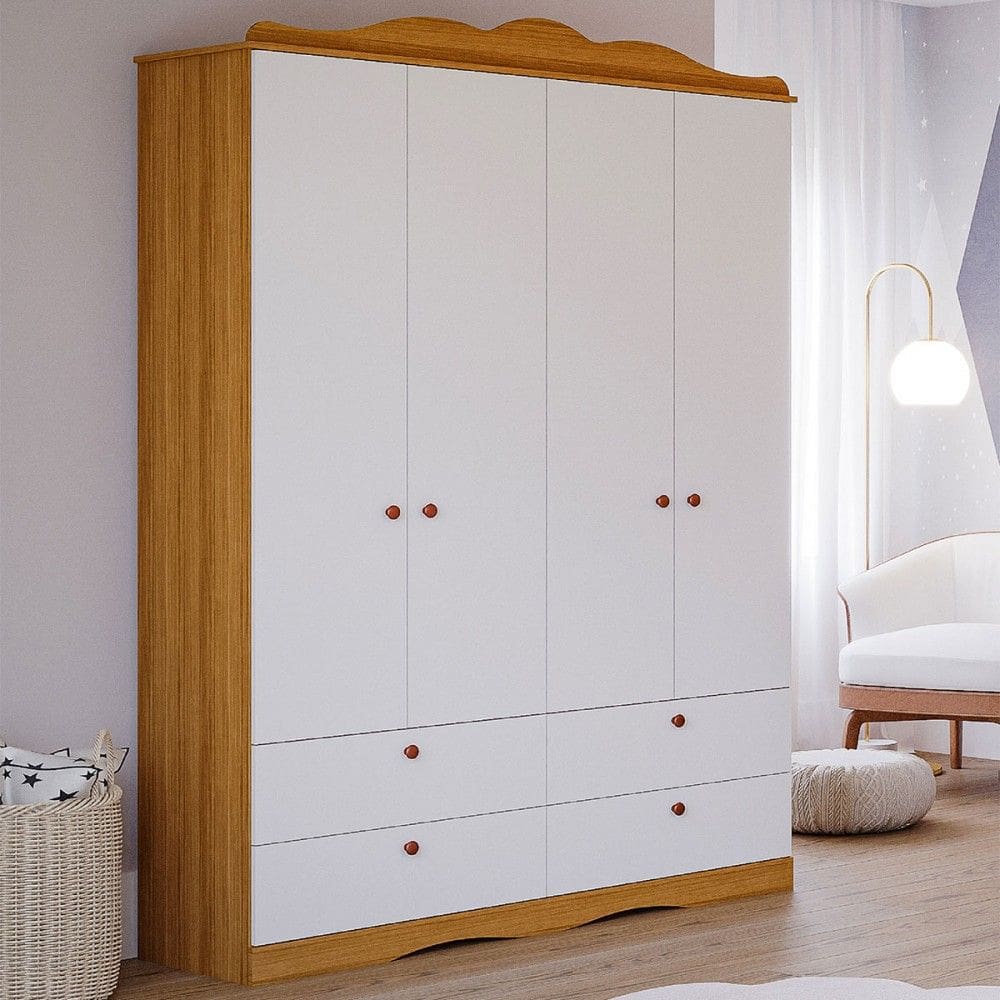 Guarda-Roupa de Bebê Encanto 4 Portas 4 Gavetas 100% Mdf Natural/Branco - Permóbili