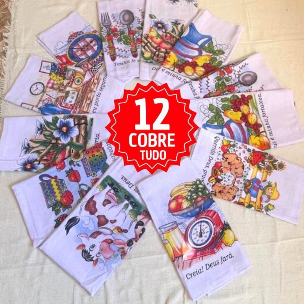 Kit 12 Pano De Prato Colorido Estampado Cobre Tudo Grande 67x87cm Com Bainha Reforçada Cozinha Copa Modelo 12 Cobre Tudo
