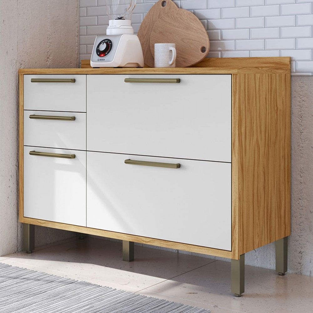 Balcão de Cozinha 120 Cm Syrah 2 Portas 3 Gavetas 100% Mdf Amêndoa/Branco - Rio Doce