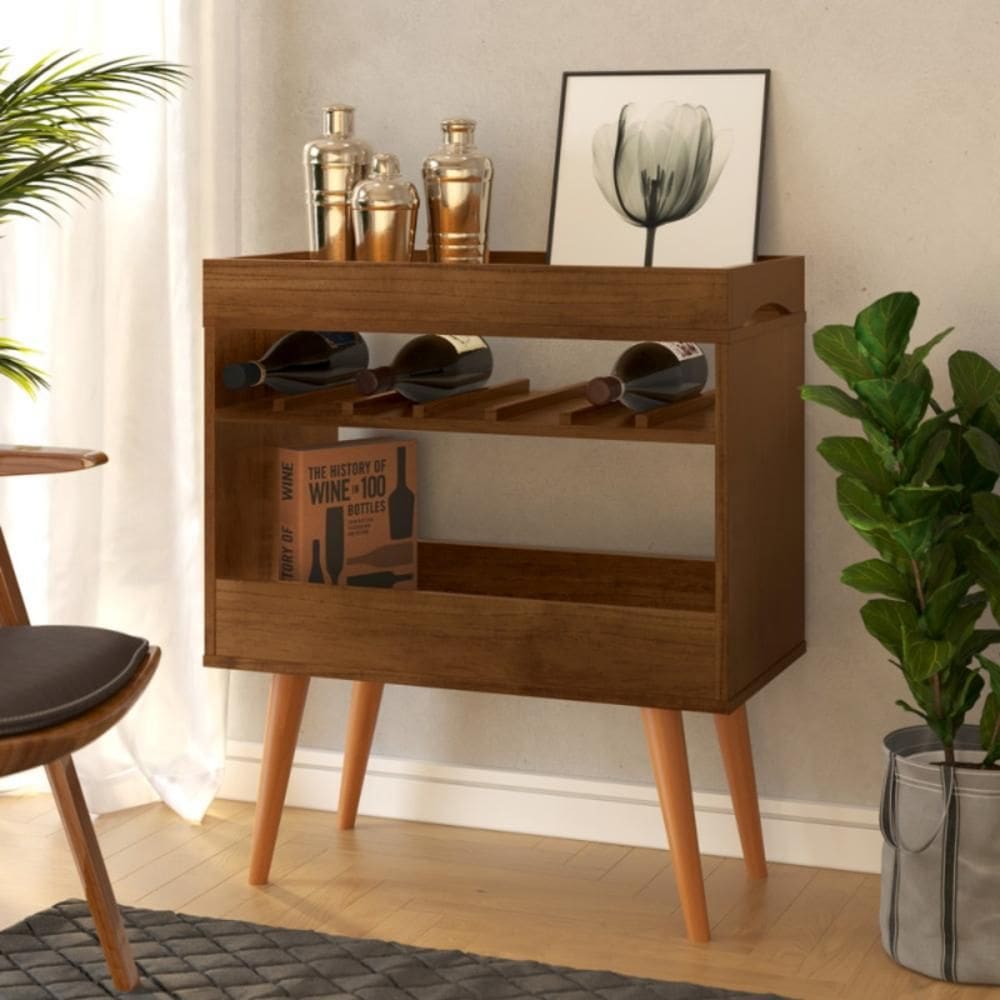 Aparador Café Brisa Adega Suporte para Taças e Vinhos c/ Pés em Madeira Pinus Canela