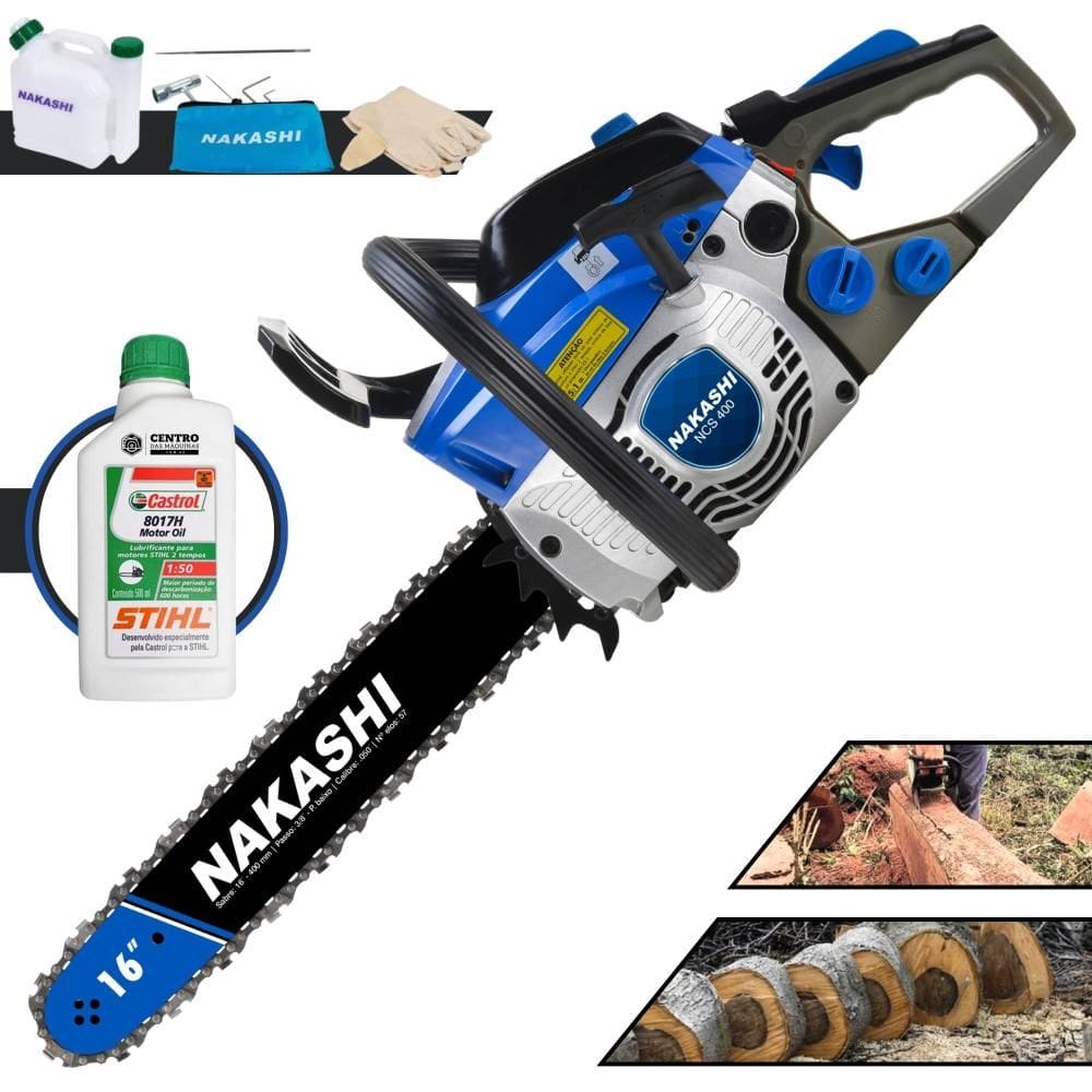 Motor Serra À Gasolina Nakashi NCS400 40cc Carburador Walbro e Vela NGK Profissional Com Carcaça de Alumínio e Sabre 16 Polegadas + ÓLEO STIHL EXTRA