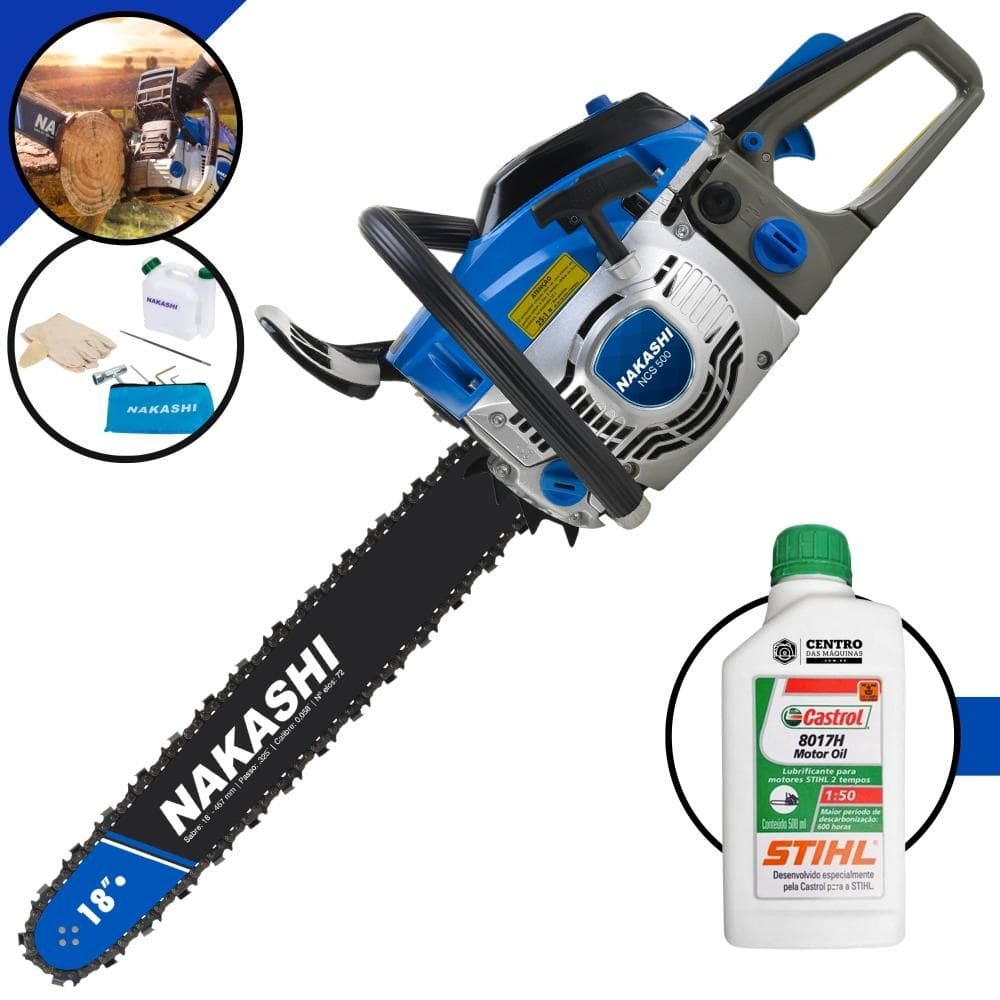 Motor Serra À Gasolina NCS500 Nakashi 49,3cc Motor 2T Alta Potência, Rotação e Performance, Sabre 18 Polegadas e Corrente 28 Dentes + ÓLEO STIHL 2T