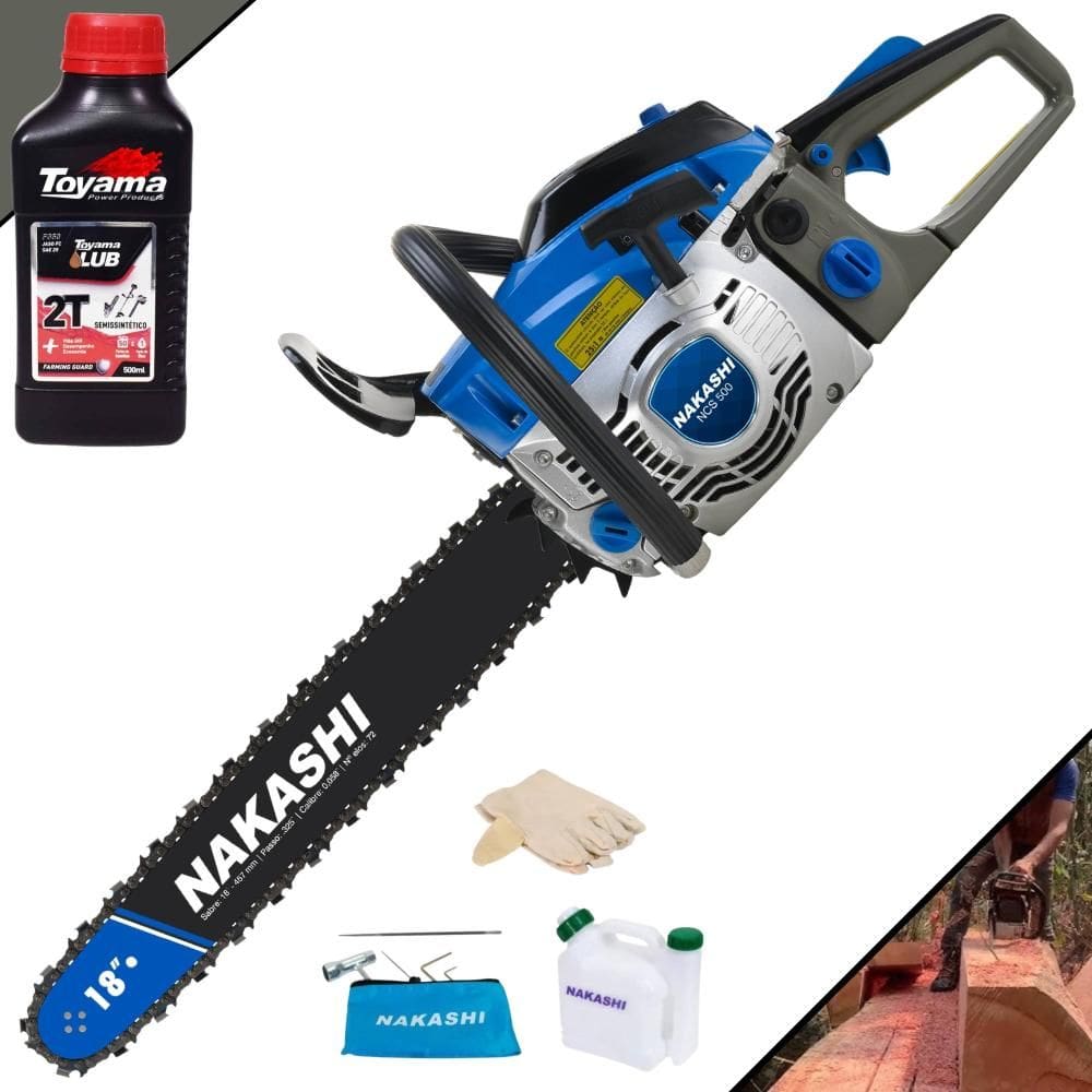Motosserra Profissional Nakashi NSC-500 À Gasolina Motor 2T 40 Cilindradas Profissional Com Sabre 18 Polegadas e Corrente 28 Dentes + ÓLEO TOYAMA 2T