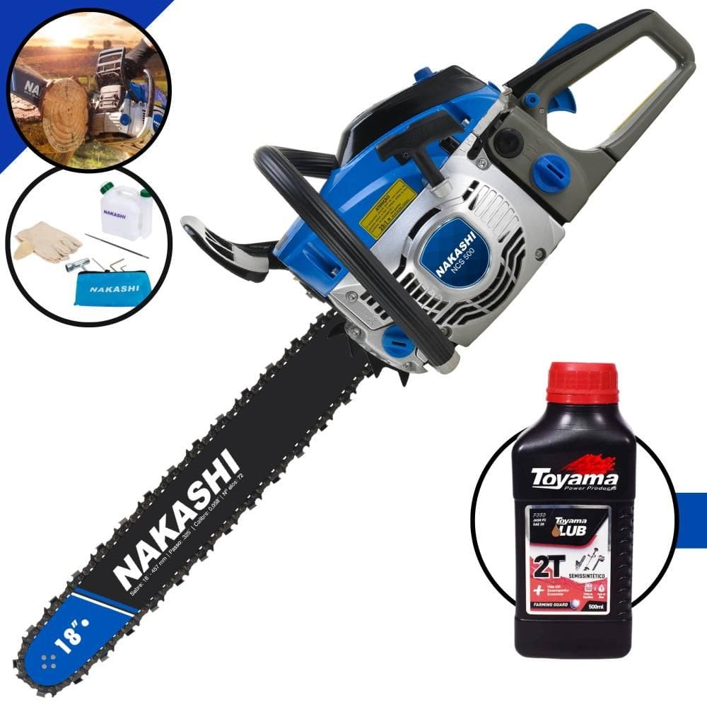 Motosserra Nakashi Profissional NCS-500 À Gasolina 49,3cc Alta Rotação Com Sabre 18’` Corrente 28 Dentes e Carcaça de Magnésio + ÓLEO TOYAMA 2T