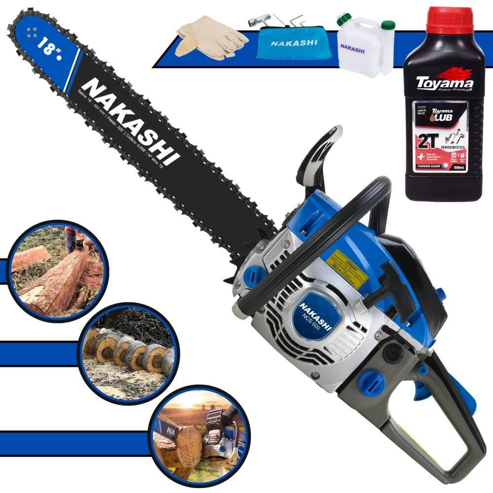 Motosserra Nakashi NCS-500 À Gasolina 49,3cc Alta Potência e Rotação Com Sabre 18’` Corrente 28 Dentes + 1 ÓLEO TOYAMA 2T EXTRA