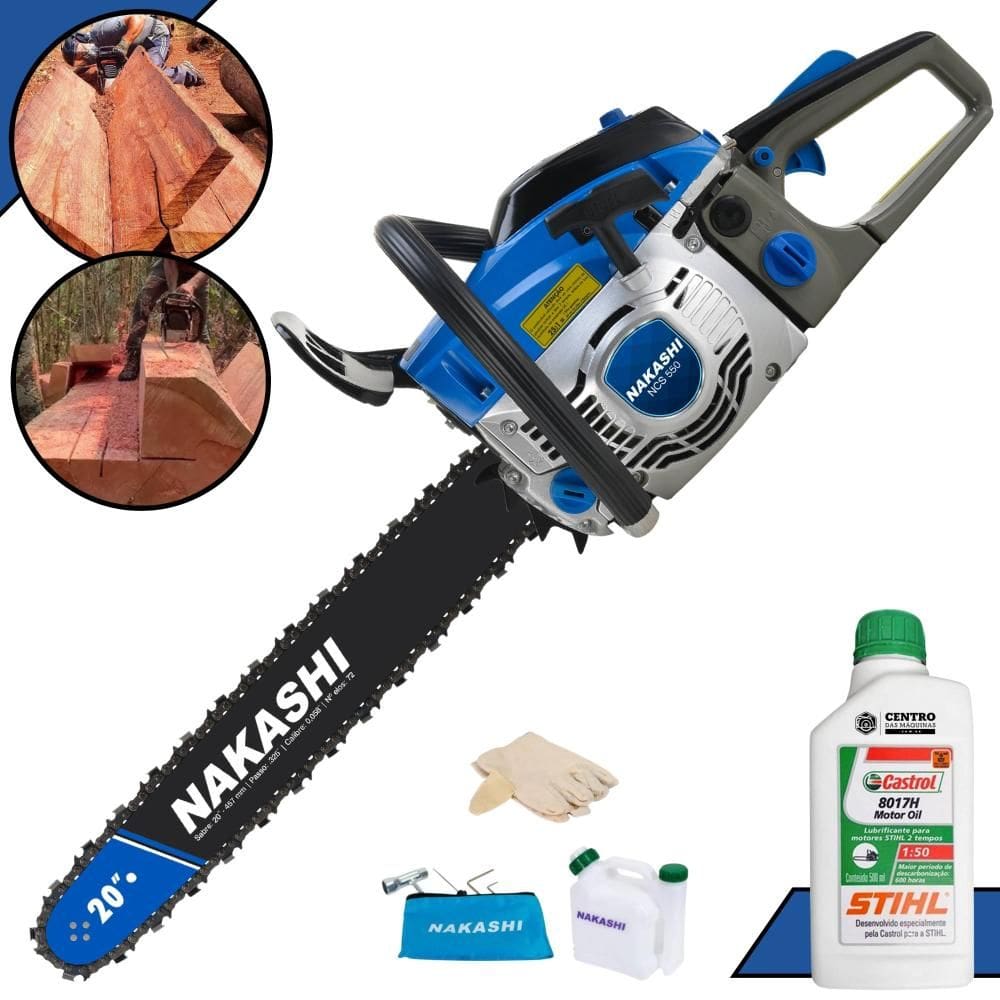 Moto Serra Nakashi NCS-550 À Gasolina 2T 54,6cc Profissional Com Vela NGK, Carburador Walbro e Carcaça de Magnésio, Sabre 20’` + ÓLEO STIHL 2 Tempos