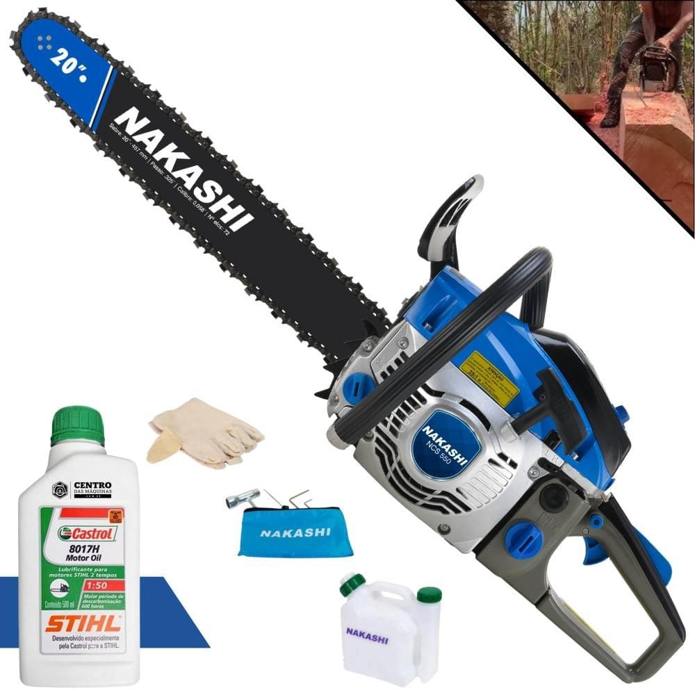 Motor Serra À Gasolina NCS550 Nakashi 54,6cc Motor 2T Alta Potência, Rotação e Performance, Sabre 20 Polegadas e Corrente 39 Dentes + ÓLEO STIHL 2T