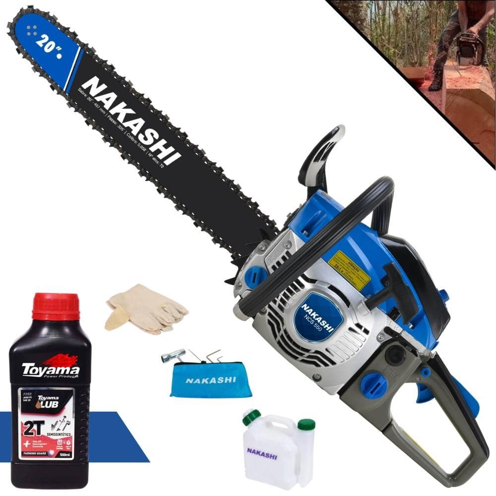 Motosserra Nakashi Profissional NCS-550 À Gasolina 54,6cc Alta Rotação Com Sabre 20’` Corrente 39 Dentes e Carcaça de Magnésio + ÓLEO TOYAMA 2T