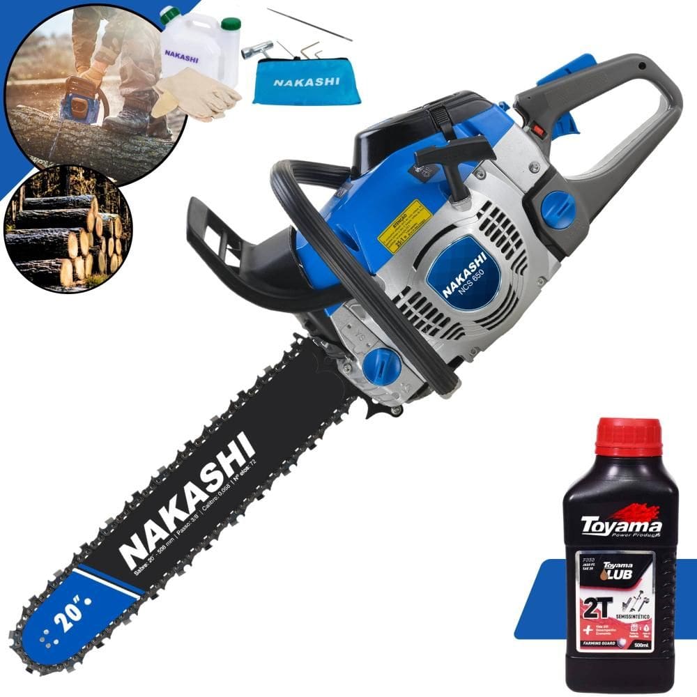 Motor Serra À Gasolina NCS650 Nakashi 65cc Motor 2T Alta Potência, Rotação e Performance, Sabre 20 Polegadas e Corrente 28 Dentes + ÓLEO TOYAMA 2T