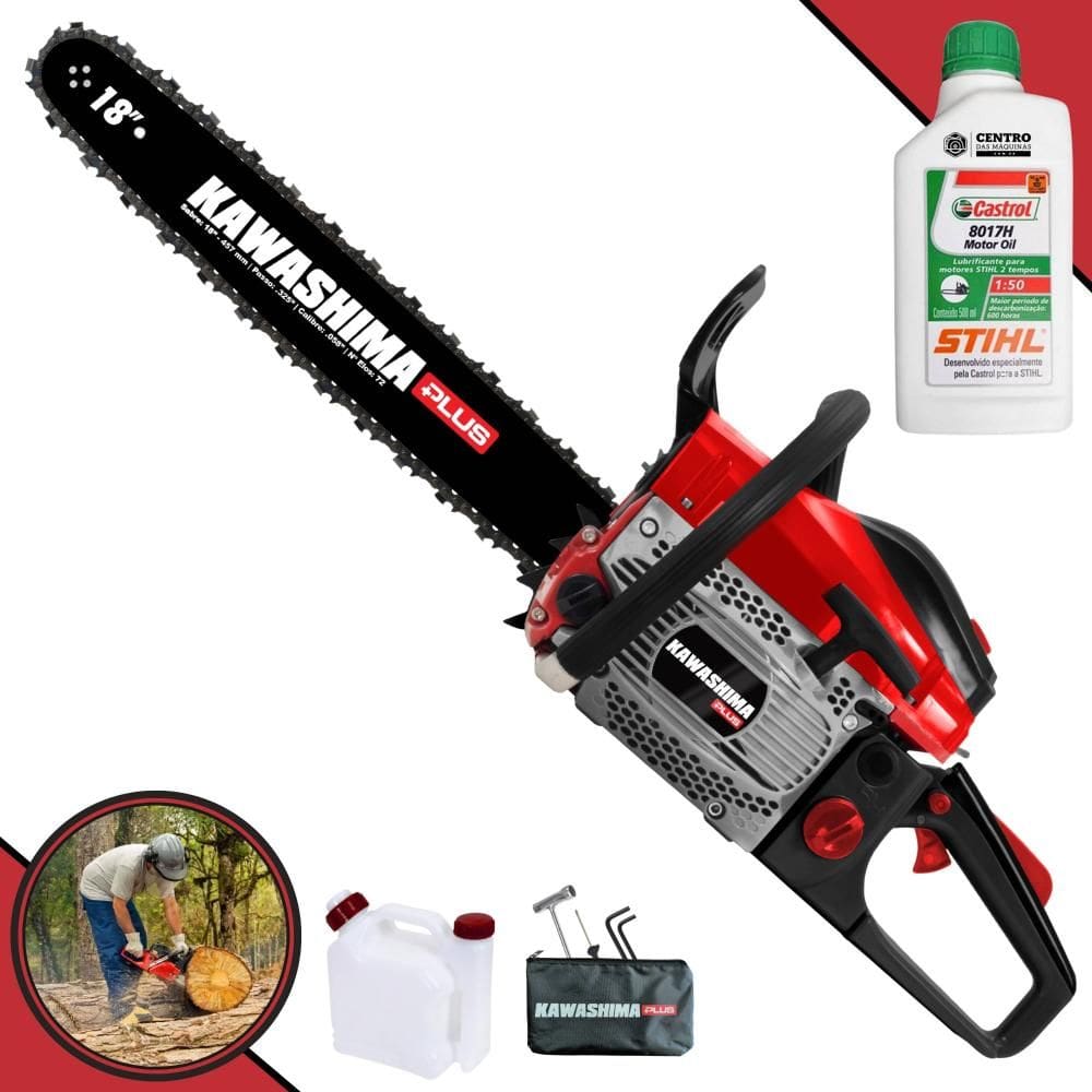 Motosserra Moto Serra Motor Serra Kawashima KCS-500P À Gasolina 2T 49,3cc Profissional Com Sabre 18’` Ideal Para Corte de Lenha + ÓLEO STIHL 8017 2T