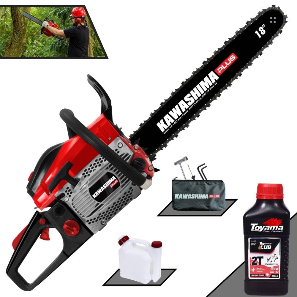 Moto Serra Profissional Kawashima KCS-500P À Gasolina 2T 49,3cc de Alta Potência e Rotação Motosserra Ideal Para Todos os Trabalhos + ÓLEO TOYAMA 2T