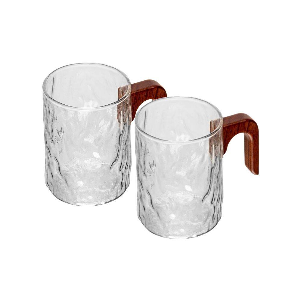 Cj 2 Canecas de Vidro Martelado C/Alça de Bambu 330ml Wolff