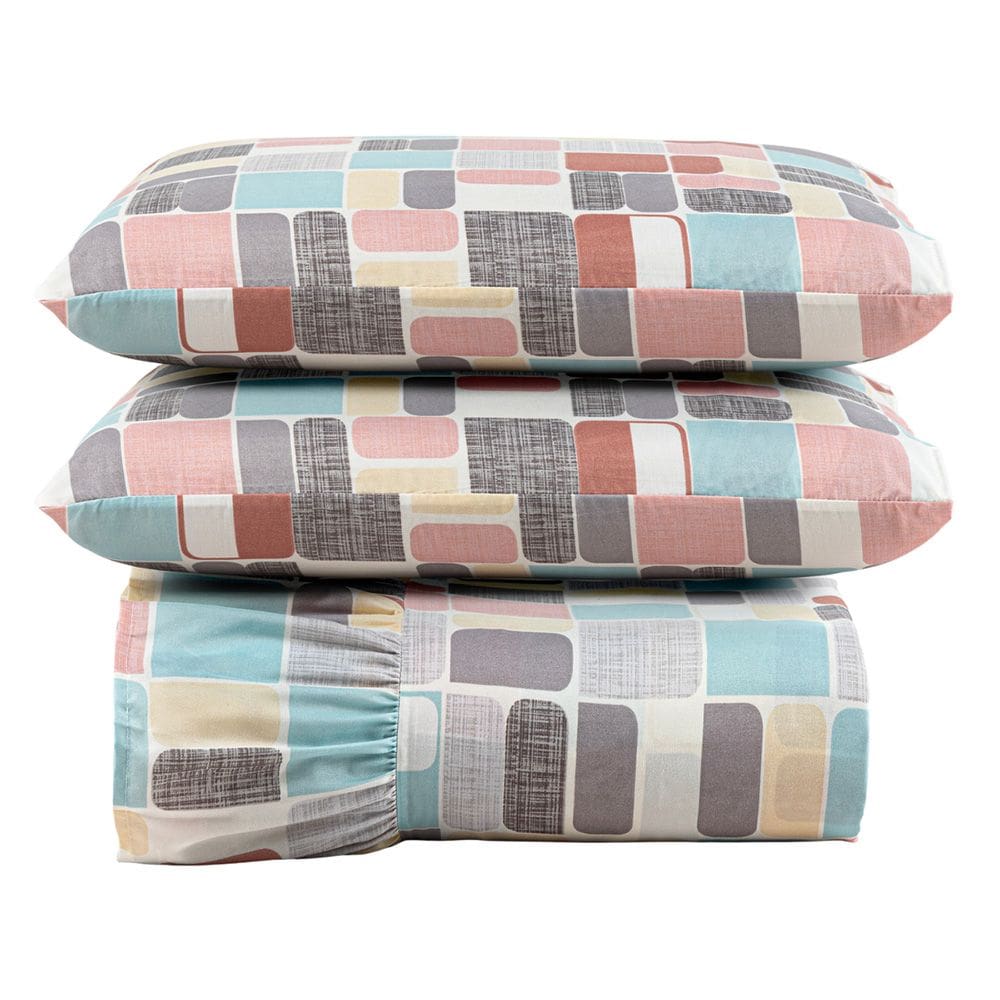 Kit Cobre Leito Colcha Turin Casal Estampada c/ Babado 400 Fios 3 Peças Pastilhas Coloridas Rosê