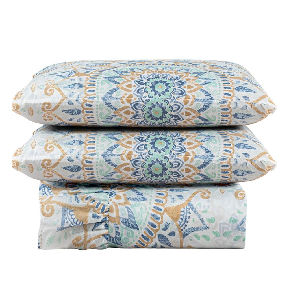 Kit Cobre Leito Colcha Turin Queen Estampada c/ Babado 400 Fios 3 Peças Mandala Azul Bege