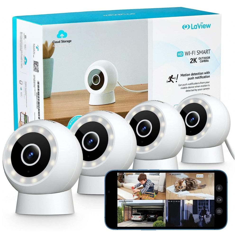 Câmera de Segurança com Fio Externa 2K Visão Noturna Áudio de 2 Vias 2.4G IP65, 4UN, LaView, Branca