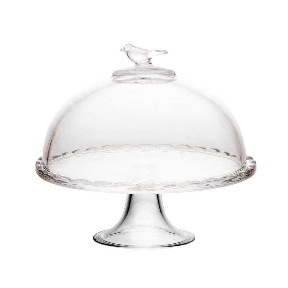 Prato de Cristal C/Pé e Tampa Para Bolo/Doces Bird Transparente 19x19cm Wolff