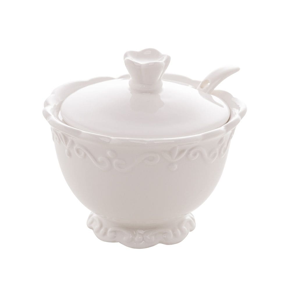 Açucareiro C/Colher Durable Porcelain em Alto Relevo Branco 9,5x10,5cm Wolff
