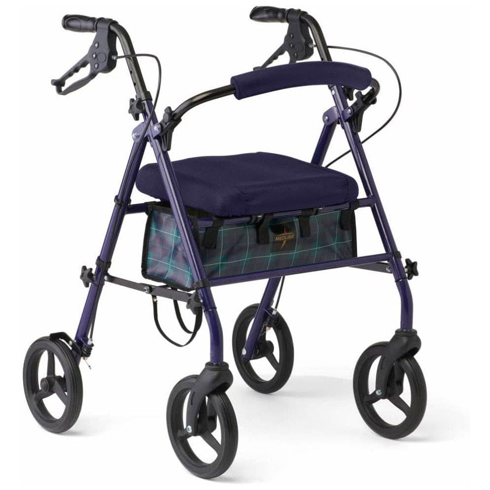 Andador Dobrável de Aço com Assento e 4 Rodas, Suporta até 136 kg, Medline, Azul Navy