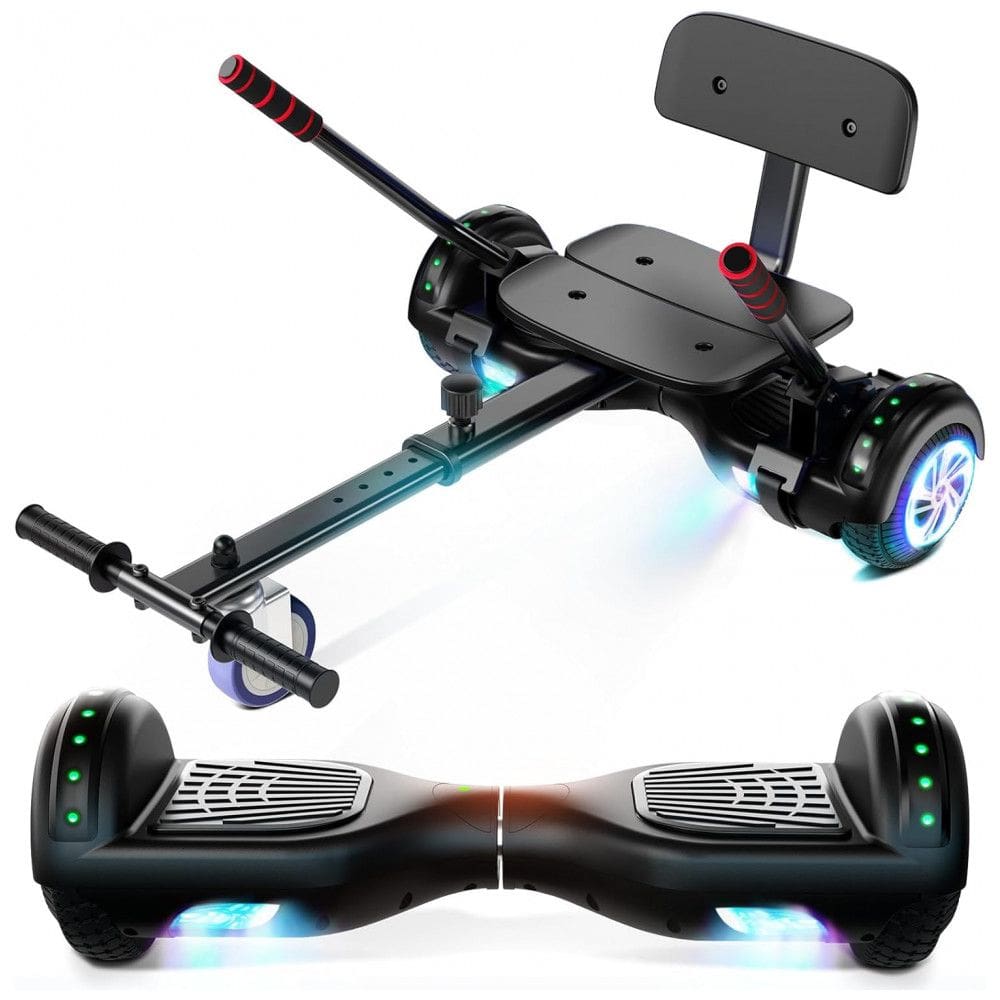 Hoverboard com Assento para Crianças e Adultos, Autoequilíbrio 6,5 e 8,5 polegadas, Bluetooth com Luzes LED Coloridas e Kart Preto
