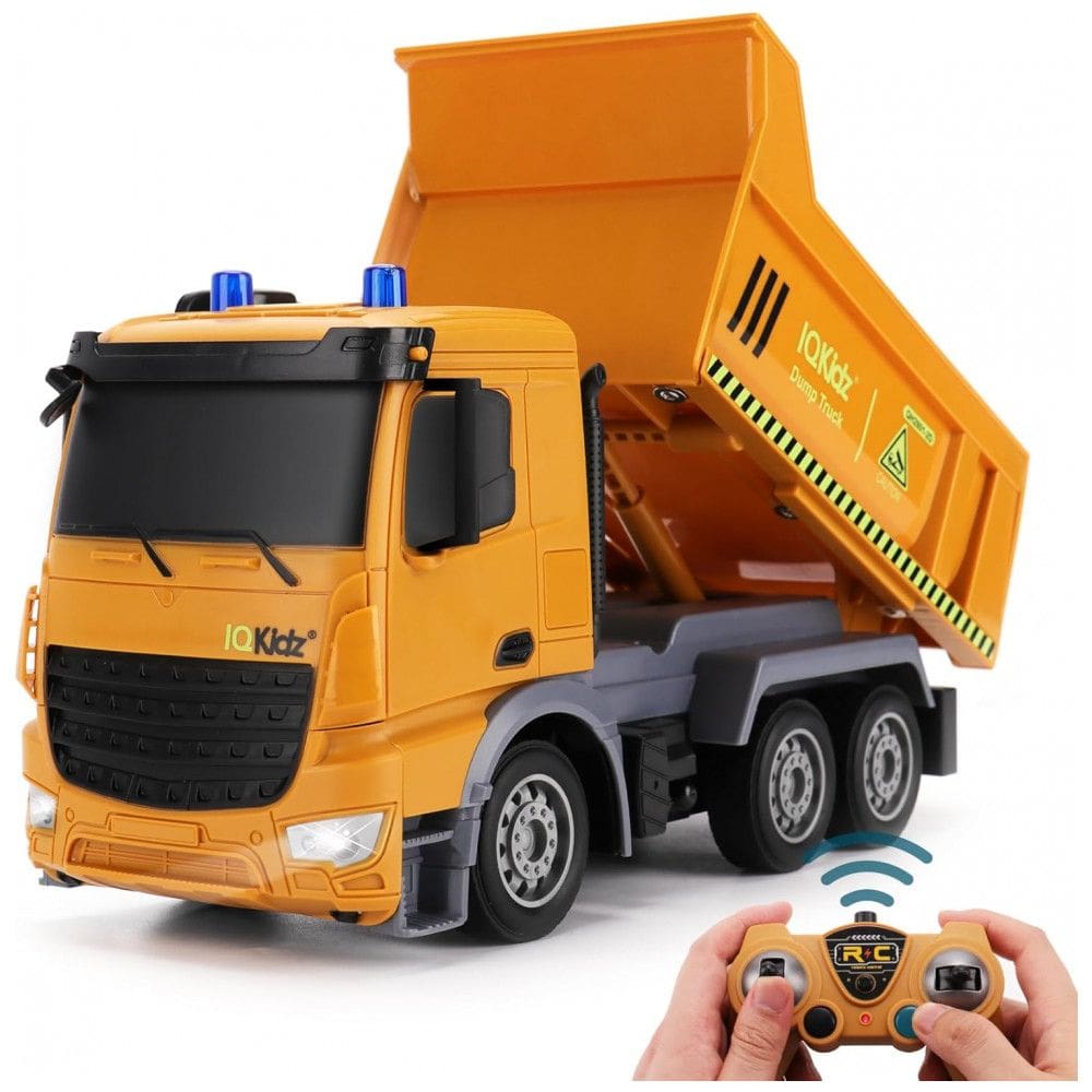 Caminhão Basculante de Controle Remoto com Luzes de Advertência Azuis, Brinquedo de Caminhão para Meninos e Meninas de 3 a 10 Anos, IQKidz