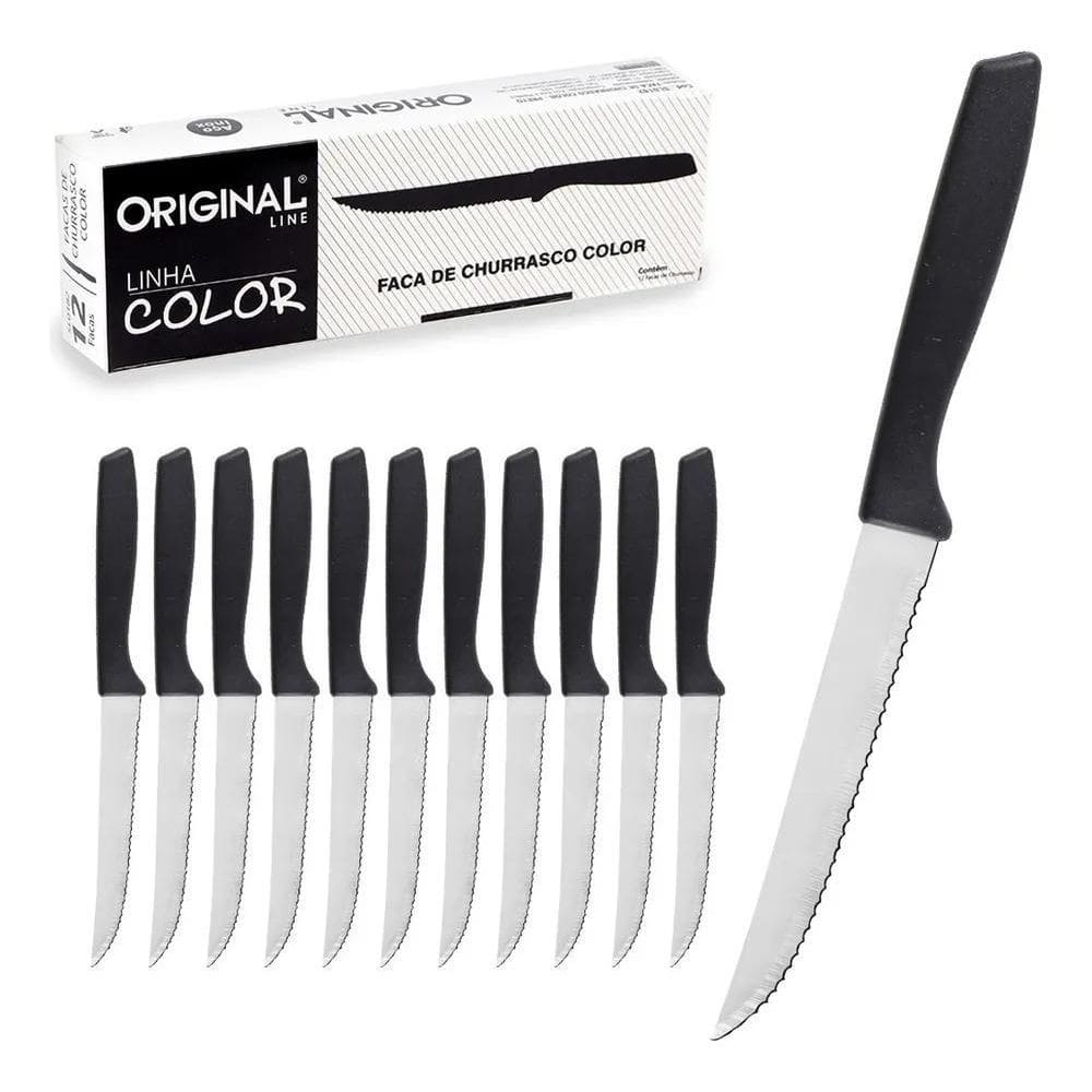 Jogo De Facas 12 Peças Inox Cabo Preto Mesa Churrasco