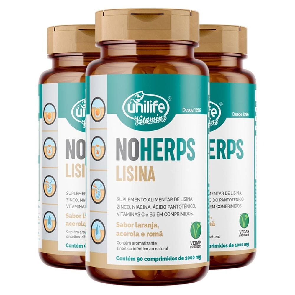 Kit 3 Noherps Lisina 1000Mg Unilife 90 Comp Laranja Acerola