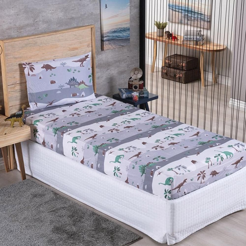 Jogo Cama Lençol Solteiro Alegria 2 Peças Dinossauro 100%