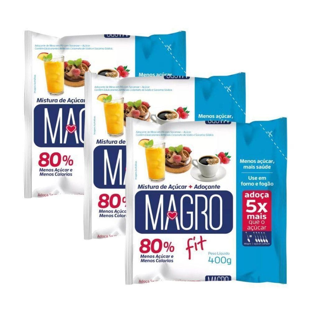 3 Açúcar Light Magro Fit 400G - 80% Menos Calorias
