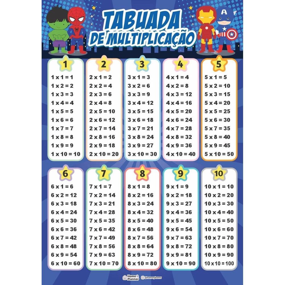 Tabuada De Multiplicação - Heróis - Home E Planner