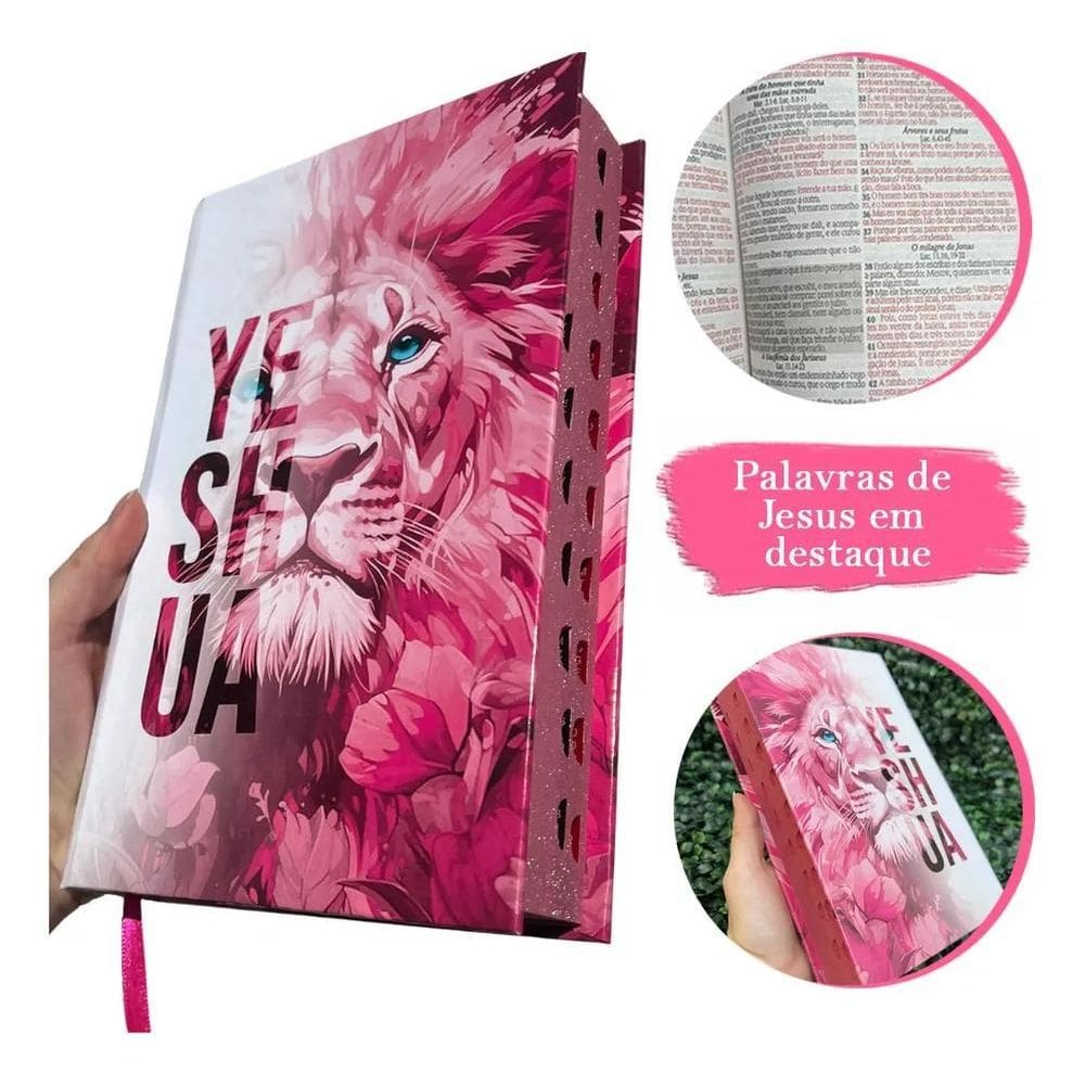 Bíblia Sagrada Feminina Leão Yeshua  Jesus  Rosa Capa Dura C