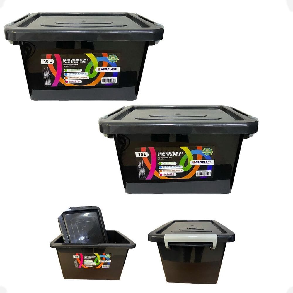 Kit 2 Caixa Organizadora Multiuso Preta Com Trava 10 Litros