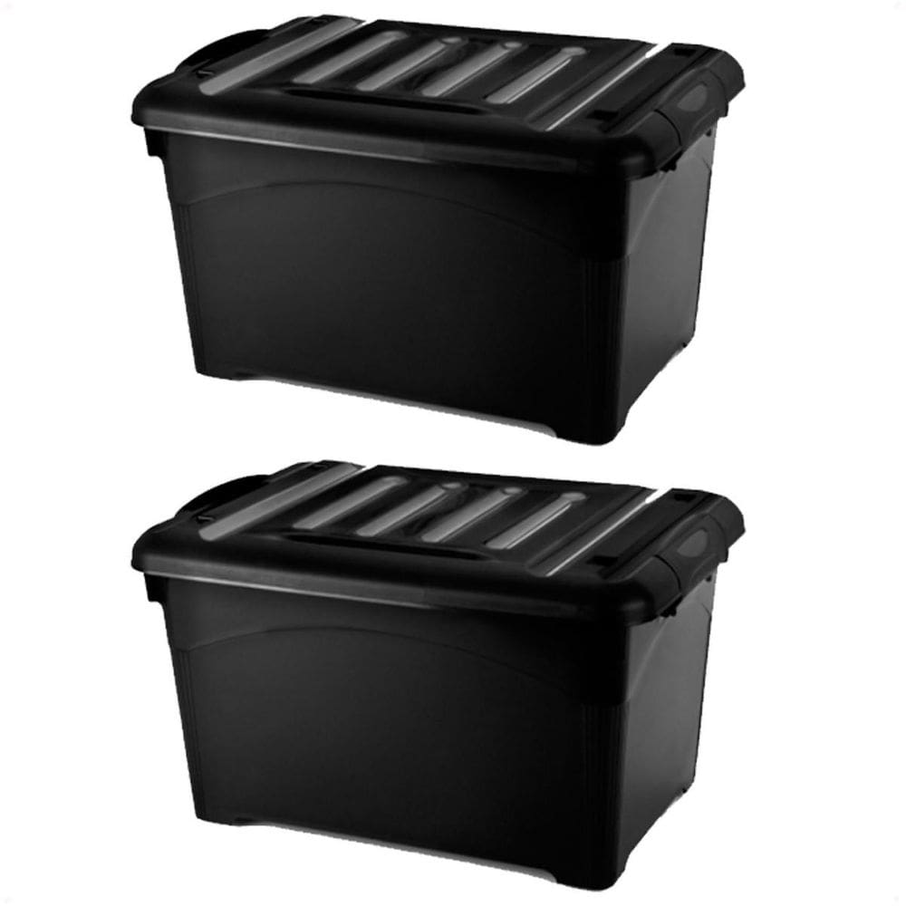2 Caixas Organizadoras 45 Litros Preta Com Travas E Rodinhas