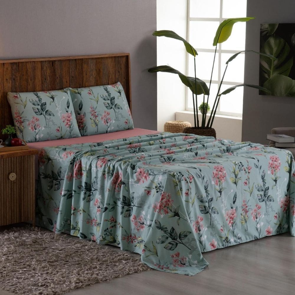 Lençol Casal 4 Peças Micropercal 400 Fios Estampa Florata