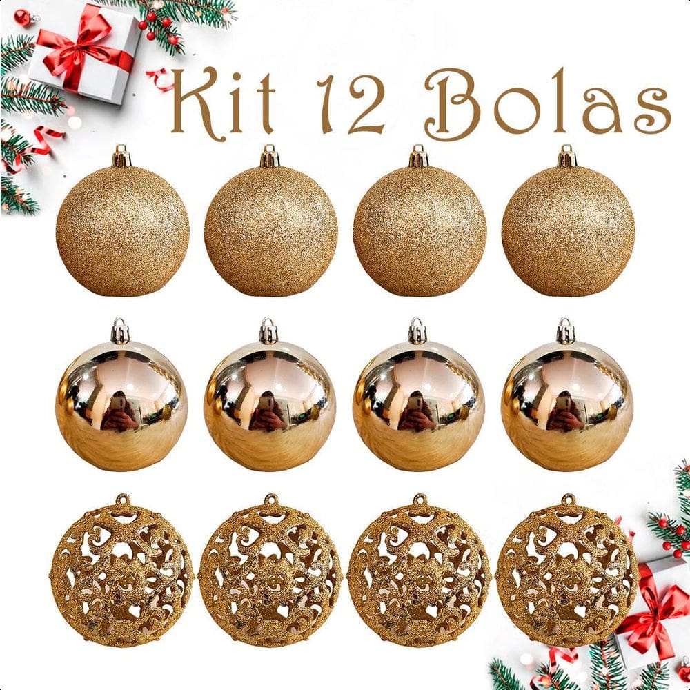 Bola De Natal 12 Un Grande 8Cm Mista Glitter Luxo - Dourado