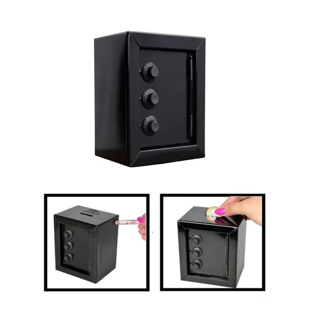 Mini Cofre Cofrinho Reforçado Aço Segredo Notas Moedas Preto