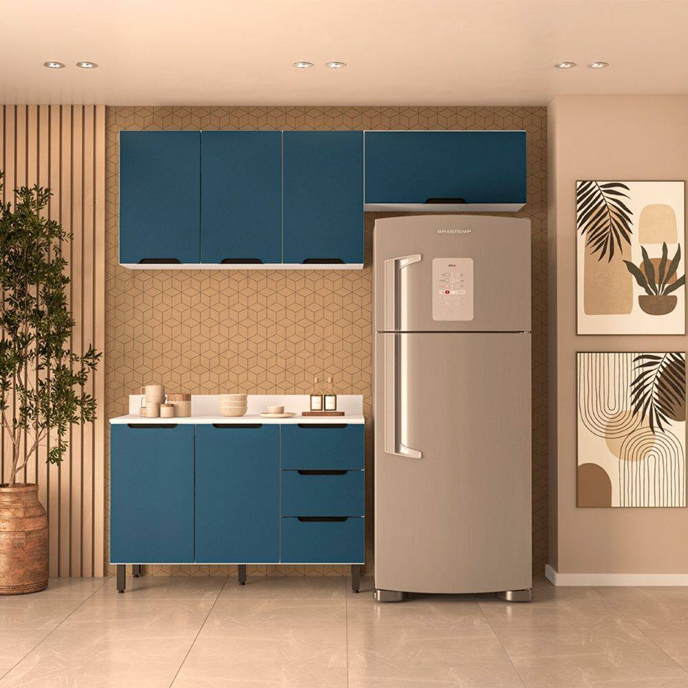 Cozinha Compacta 250063 3 Peças Meena Com Tampo Branco Azul Politorno Móveis