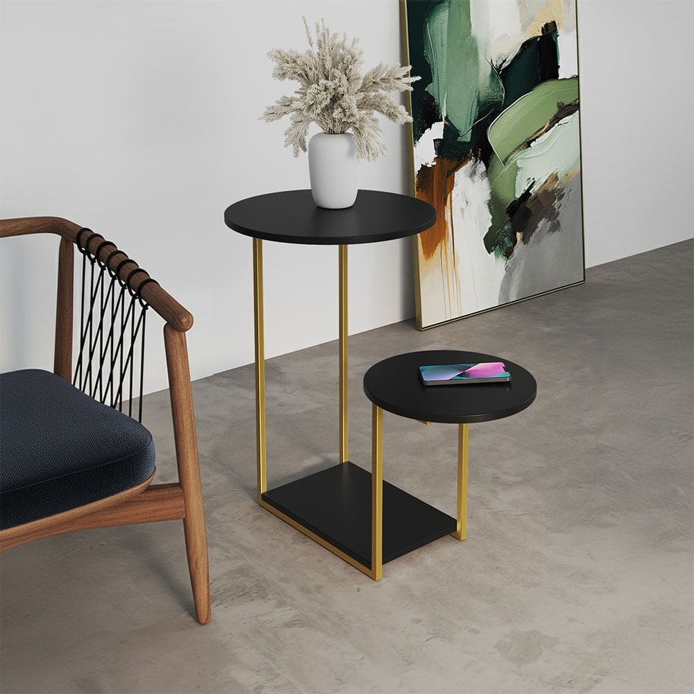 Mesal Lateral Cibele Tampo Redondo Ferro Dourado Tampo Preto