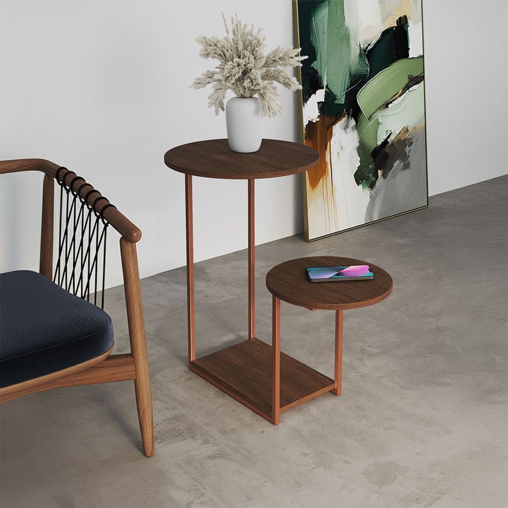 Mesal Lateral Cibele Tampo Redondo Ferro Cobre Tampo Amêndoa