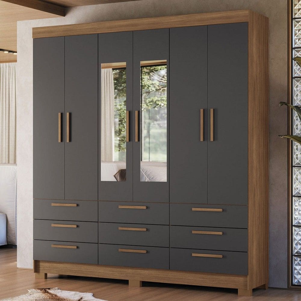 Guarda-Roupa Casal Marilena 6 Portas 9 Gavetas Jatoba/Grafite com Espelho - Pnr Móveis