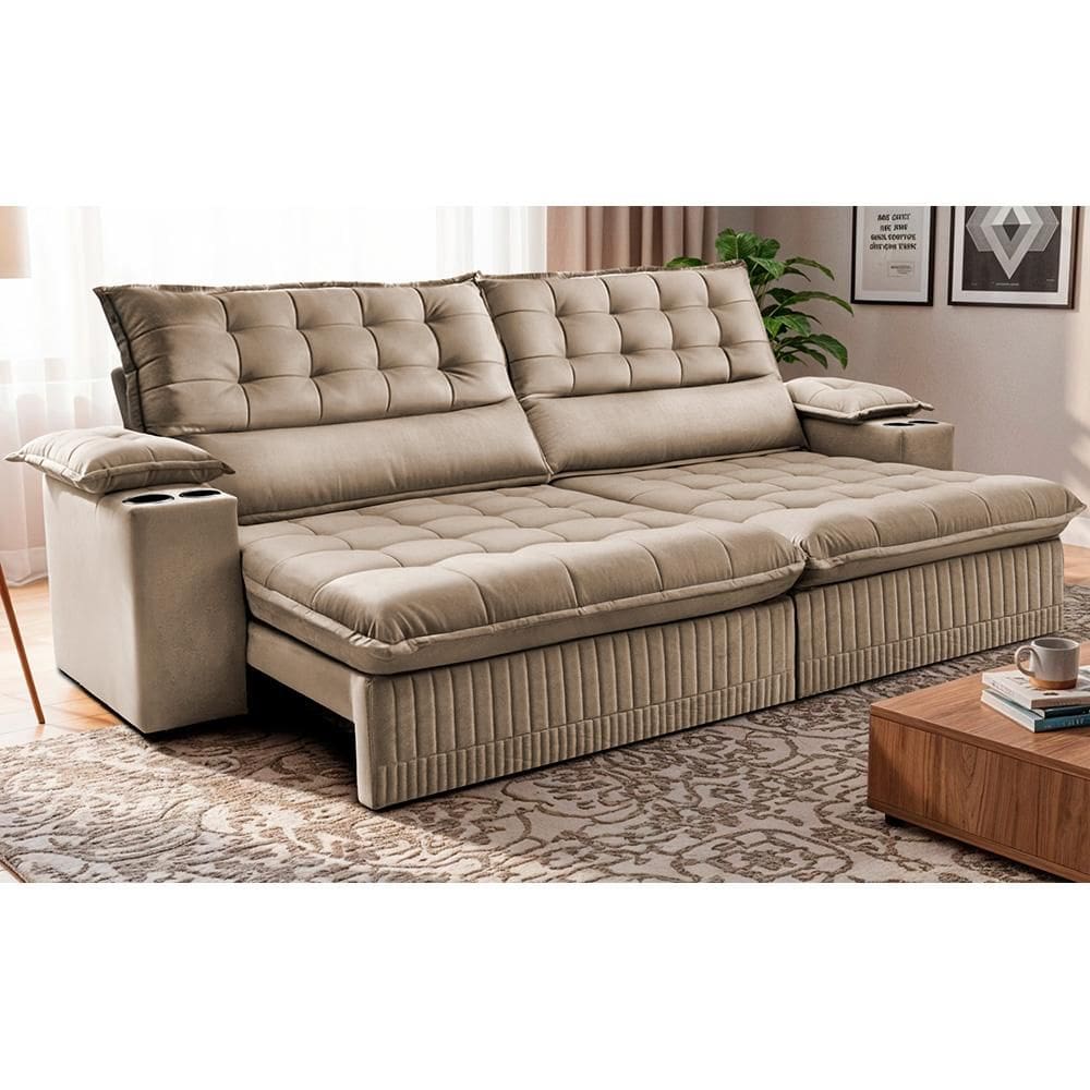 Sofá Retrátil e Reclinável 2,60m Molas Ensacadas Dream. Velusoft Cama inBox